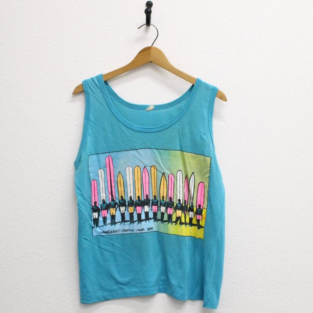 Vintage 80s Waimea Bay Surfing Club Blue Tank Top Mens Large Hawaii Surf